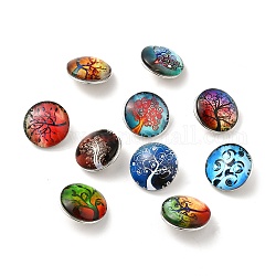 Cabochons de verre en laiton boutons, boutons bijoux snap, plat rond avec motif arbre, couleur mixte, 18x10mm, Bouton: 5~5.5 mm