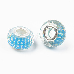 Perles européennes en alliage, Perles avec un grand trou   , avec noyaux en laiton plaqué couleur argent, facette, rondelle, bleu profond du ciel, 14x9mm, Trou: 5mm