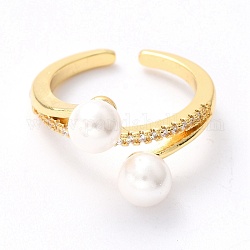 Brass Micro Pave Clear Cubic Zirconia Cuff Rings, Open Rings, with Shell Pearl Round Beads, Long-Lasting Plated, Real 18K Gold Plated, US Size 6 3/4(17.1mm), Inner Diameter: 17mm