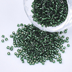 Glass Cylinder Beads, Seed Beads, Silver Lined, Round Hole, Dark Green, 1.5~2x1~2mm, Hole: 0.8mm, about 8000pcs/bag, about 85~95g/bag