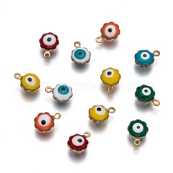 Golden Tone Brass Enamel Charms, Flower with Eye, Mixed Color, 9x7x5mm, Hole: 1mm