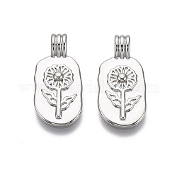 Brass Pendants, Oval with Flower, Nickel Free, Real Platinum Plated, 21x10x4.5mm, Hole: 2mm