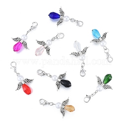 Alloy & Crystal Angel Pendant Decoration, with CCB Imitation Pearl Beads, Lobster Clasp Charms, Clip-on Charms, for Keychain, Purse, Backpack Ornament, Stitch Marker, Mixed Color, 4cm, 1pc/color, 9 colors, 9pcs/bag