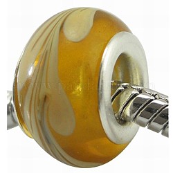 Rondelle Gold Handmade Lampwork Large Hole European Beads, with Silver Color Brass Core, Size: about 13mm in diameter, 8.5mm thick, hole: 5mm