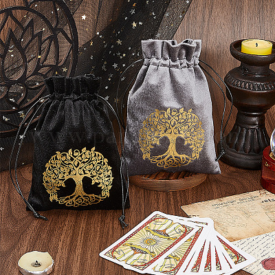 2 шт. 2 стиля прямоугольные золотые тисненые мешочки для хранения карт Таро с завязками на шнурке для гадания с изображением дерева жизни ABAG-CN0001-53-1
