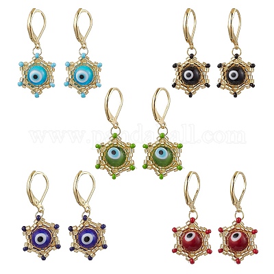 Звезда Давида сглаз ручной работы стеклянные бусины с серьгами-кольцами лэмпворк EJEW-MZ00389-1