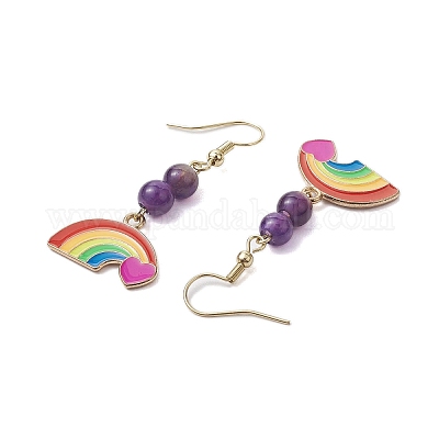Женские серьги с подвесками из радужного сплава с эмалью и натуральным аметистом EJEW-JE05923-1