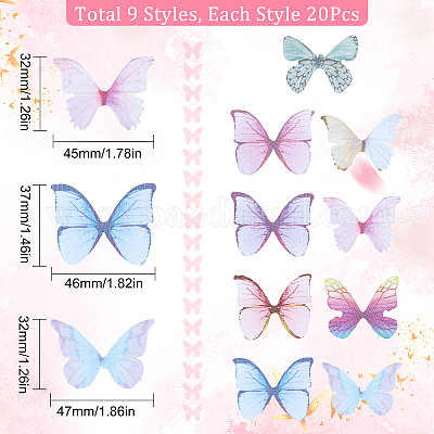 SUNNYCLUE 1 Box 180pcs 9 Style Butterfly Earring Charms Butterfly Wings Charms Organza Butterflies Bulk Spring Fabric Butterfly
