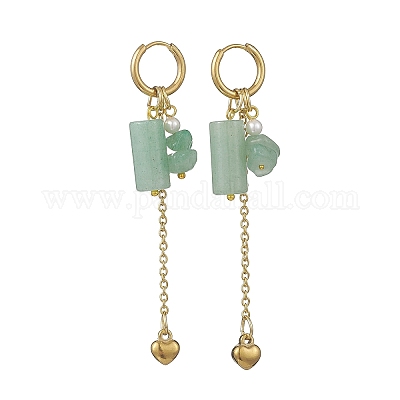 Серьги-кольца с кисточками из нержавеющей стали 304 с зеленым авантюрином EJEW-JE06731-02-1