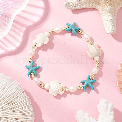 Браслеты из синтетических бирюзовых бусин в виде черепахи и морской звезды и натурального культивированного пресноводного жемчуга для женщин BJEW-JB12046-02-1