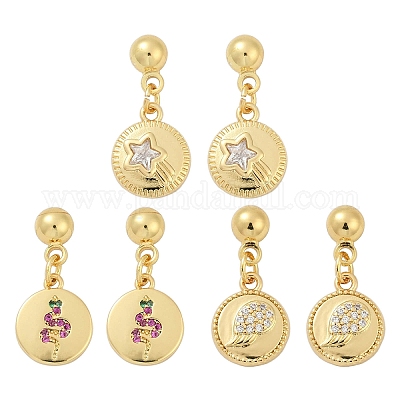 Плоские круглые серьги-гвоздики с подвесками в виде звезды EJEW-Z115-01G-1