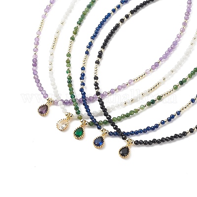 Кулон-капля из кубического циркония с цепочками из бисера из натурального драгоценного камня для женщин NJEW-JN04121-1