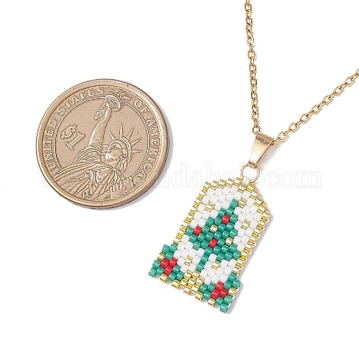 Прямоугольное ожерелье из стеклянных бусин с подвеской в виде рождественской елки из нержавеющей стали 304 для женщин NJEW-MZ00136-1