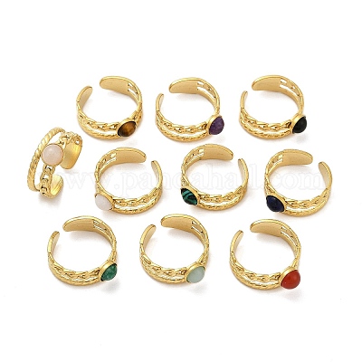 Кольца-манжеты из нержавеющей стали 316 с натуральными смешанными драгоценными камнями RJEW-Z098-01G-14-1