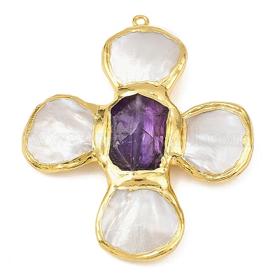 Крупные подвески из натурального аметиста и ракушечного жемчуга KK-H516-24G-01-1