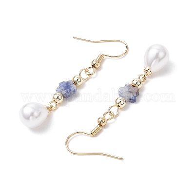 Серьги-подвески с цветком и каплей из нержавеющей стали 304 из АБС-пластика с имитацией жемчуга EJEW-JE06419-1