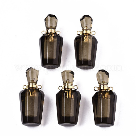 ファセット天然スモーキークォーツペンダント  開閉可能な香水瓶  ゴールデントーン真鍮パーツ  ボトル  36x15.5x15mm  穴：1.8mm  ボトル容量：1ml（0.034液量オンス） G-T131-14C-1