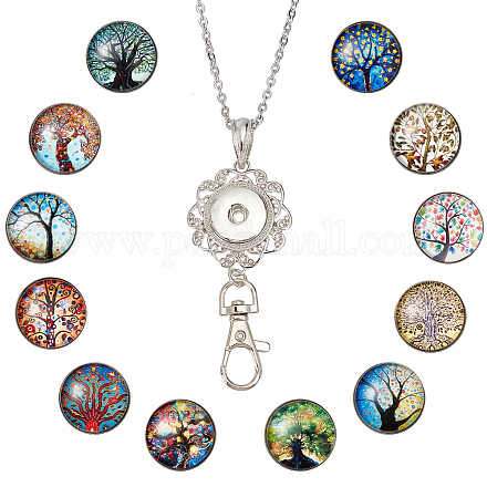 SUNNYCLUE 1 Box 12 Styles Tree of Life Cabochon Snap Button Lanyards for ID Badges Office ID Badge Lanyard Holder Office Lanyards Stainless Steel Chain Snap Glass Buttons Jewellery Pendant DIY-SC0019-99B-1