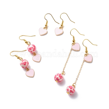 3 Pairs 3 Style Pink Alloy Enamel Charms & Resin Beads Dangle Earrings EJEW-JE05030-02-1