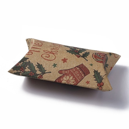 紙枕ボックス  キャンディーギフトボックス  結婚式の好意のベビーシャワーの誕生日パーティー用品  バリーウッド  クリスマステーマの模様  3-5/8x2-1/2x1インチ（9.1x6.3x2.6cm） CON-A003-B-03B-1