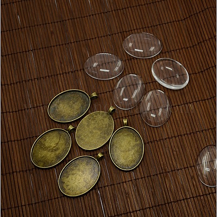 40x30 copertura mm trasparente cabochon ovale in vetro e leghe di bronzo antico vuote impostazioni ciondolo cabochon per ritratto diy fare pendant DIY-X0159-AB-FF-1