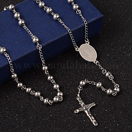 Collane con perle di rosario in acciaio inossidabile con croce crocifisso NJEW-O096-27-1