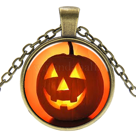 Halloween Theme Glass Pendant Necklaces NJEW-J057-B917-AB-1