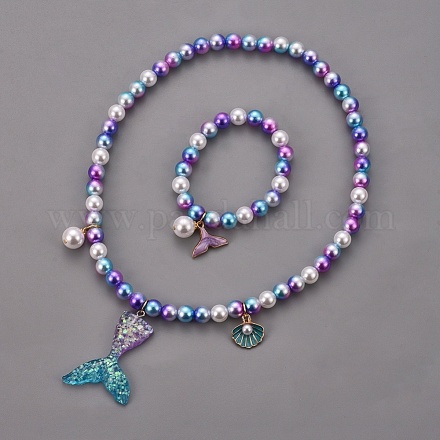 Braccialetti e set di gioielli in plastica imitazione perla elasticizzata X-SJEW-JS01053-02-1