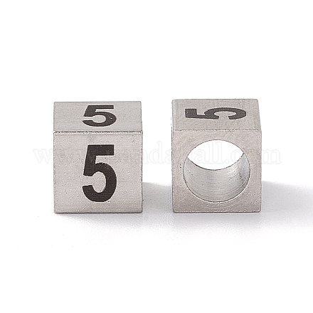 303ステンレス鋼ヨーロピアンビーズ  大穴ビーズ  番号の立方体  ステンレス鋼色  NUM。5  7x7x7mm  穴：5mm STAS-G286-P05-1