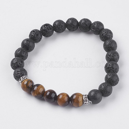 Braccialetti elasticizzati con pietra lavica naturale e perle naturali occhio di tigre BJEW-E326-10K-1