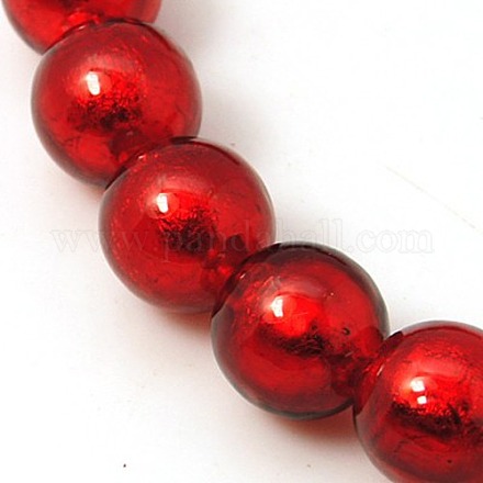 Стеклянные бусины круглые красные серебряные фольга ручной работы X-FOIL-G019-10mm-07-1