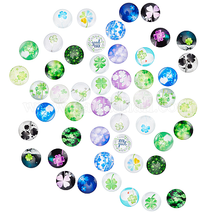 PandaHall 25mm Clover Cabochons 50pcs St. Patrick's Day Tiles Green Glass Dome Cabochons Half Round Tiles for Frendship Photo Cameo Pendant Jewellery Making Handcrafts Scrapbooking GGLA-PH0001-24-1