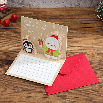 クリスマステーマ紙封筒1枚と1Dポップアップグリーティングカード3枚セット。  クマの柄  封筒：85x105mm  カード：80x100mm SCRA-PW0007-70B-1