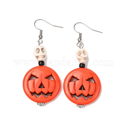 Серьги с подвесками из синтетической бирюзы в форме тыквы и черепа EJEW-TA00240-1