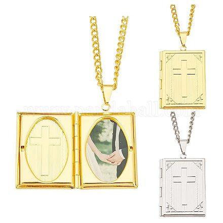 Arricraft 2 pièces rectangle en laiton 2 couleurs avec ensemble de colliers médaillon croix NJEW-AR0001-03-1