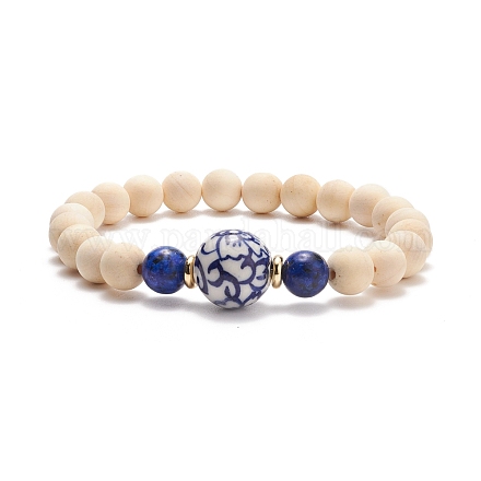 Natural Wood  & Lapis Lazuli(Dyed) & Porcelain Round Beaded Stretch Bracelet BJEW-JB08205-1