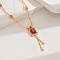 Fashionable Vintage Brass & Glass Tassel Rectangle Pendant Necklaces for Women, Real 18K Gold Plated, Red, 17.52 inch(44.5cm)