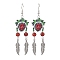 Iron Dangle Stud Earring, with Seed Glass & Synthetic Turquoise, Skull, Dark Red, 75x22mm