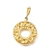 Flat Round with Flower 304 Stainless Steel Pendant Decorations, with Spring Ring Clasps, Ion Plating(IP), Real 18K Gold Plated, 24.5mm