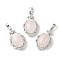 Natural Rose Quartz Oval Pendants, Platinum Tone Brass Micro Pave Clear Cubic Zirconia Flower Charms, Long-Lasting Plated, Lead Free & Cadmium Free, 30x19x10mm, Hole: 7.8x5mm