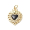 Eco-Friendly Rack Plating Brass Micro Pave Cubic Zirconia Pendants, with Enamel & Jump Ring, Long-Lasting Plated, Lead Free & Cadmium Free, Sacred Heart Charm, Real 18K Gold Plated, Black, 23x16.5x4mm, Hole: 3.4mm