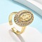 Brass Micro Pave Clear Cubic Zirconia Cuff Rings for Women, Cadmium Free & Lead Free, Oval with King, Real 16K Gold Plated, Inner Diameter: Adjustable