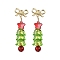 Christmas Tree Glass & Acrylic Beads Dangle Stud Earrings, with Brass Bell, Golden, 41.5x13.5mm