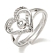 Heart with Letter Rack Plating Brass Micro Pave Clear Cubic Zirconia Adjustable Rings for Women, Lead Free & Cadmium Free, Platinum, Letter O, Inner Diameter: 16mm