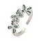 Flower Rack Plating Brass Micro Pave Cubic Zirconia Open Cuff Rings for Women, Cadmium Free & Lead Free, Long-Lasting Plated, Platinum, Dark Green, Flower: 9.8x20.5mm, Adjustable