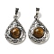 Natural Tiger Eye Pendants, Rack Plating Brass Hollow Teardrop Charms, Cadmium Free & Lead Free, Platinum, 29.5x19.5x7.5mm, Hole: 7.5x5mm