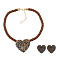 Heart with Leopard Print Pattern Alloy Pendant Necklace & Stud Earring Sets for Women, woith Cotton Cord, Saddle Brown, 17.72 inch(45cm), 31x29mm