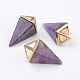 Brass Natural Amethyst Pointed Pendants G-E480-21F-G-1