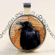 Flat Round with Halloween Raven/Crow Glass Alloy Pendant Necklaces NJEW-N0051-053D-02-1