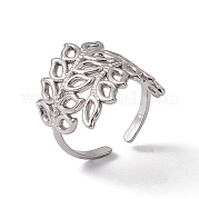 304 Stainless Steel Hollow Out Leaf Open Cuff Ring for Women RJEW-C045-16P